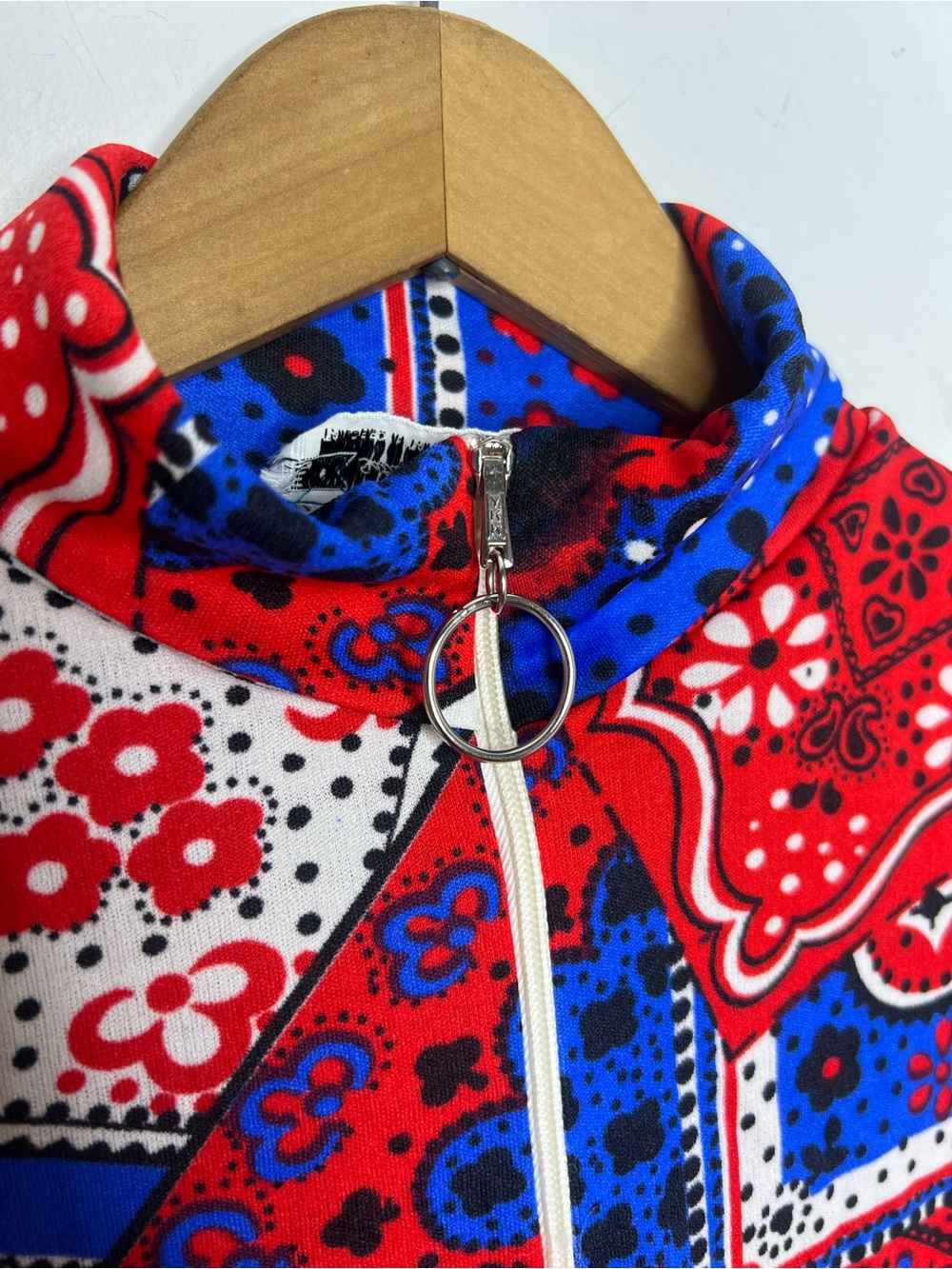 Vintage 1970s Bandana Patchwork Tunic Top Mod Patriotic Red White Blue Medium - Picture 5 of 10